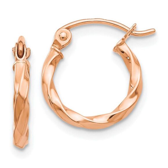 2mm x 13mm 14k Rose Gold Small Twisted Round Hoop Earrings